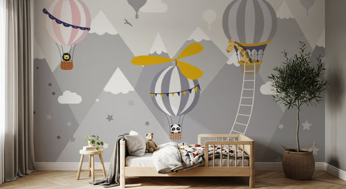Design SL0788 — Papier peint Montgolfieres animaux montagnes scandinave — Novomur
