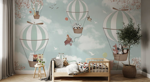 Design SL0792 — Papier peint Montgolfieres animaux ciel enfant — Novomur