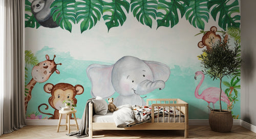 Design SL0816 — Papier peint Animaux jungle paresseux flamant aquarelle enfant — Novomur