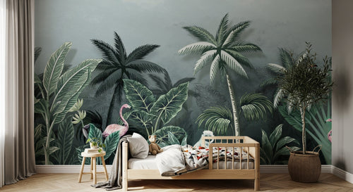 Design SL0830 — Papier peint Jungle dense flamants singe vert sombre — Novomur