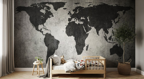 Design ZX0129 — Papier peint Carte monde noire fond grunge gris — Novomur