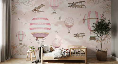 Design ZX0556 — Papier peint Montgolfieres avions roses ciel poudre — Novomur
