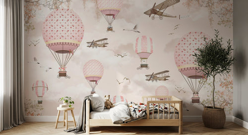 Design ZX0558 — Papier peint Montgolfieres avions roses ciel poudre 2 — Novomur