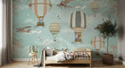 Design ZX0569 — Papier peint Montgolfieres avions animaux ciel turquoise — Novomur