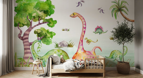 Design ZX0692 — Papier peint Dinosaures aquarelle arbres enfant — Novomur
