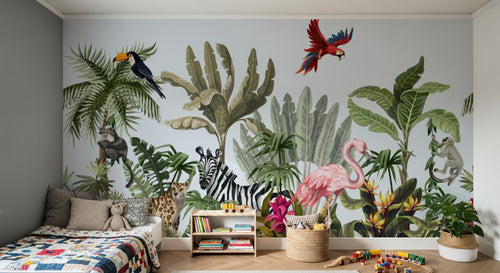 Design B005 — Papier peint Jungle stylisee animaux et flamants roses — Novomur
