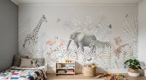 Design B008 — Papier peint Safari pastel doux feuillage graphique — Novomur