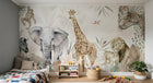 Design B009 — Papier peint Safari pastel rose et sauge animaux varies — Novomur