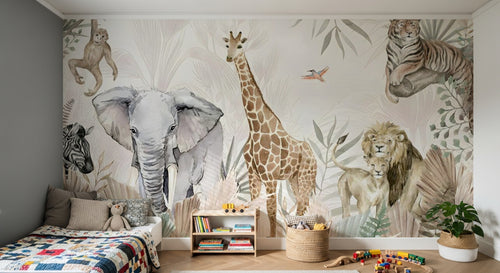 Design B009 — Papier peint Safari pastel rose et sauge animaux varies — Novomur