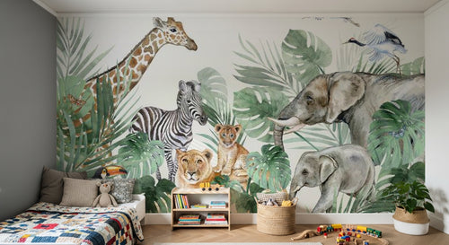 Design B015 — Papier peint Safari aquarelle familles animaux et monstera — Novomur