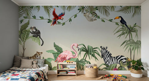 Design B019 — Papier peint Jungle vibrante illustree animaux exotiques — Novomur