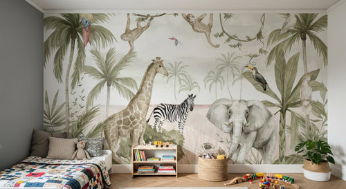 Design B020 — Papier peint Safari aquarelle palmiers lianes pastel — Novomur