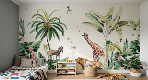 Design B022 — Papier peint Safari aquarelle palmiers fleurs tropicales — Novomur