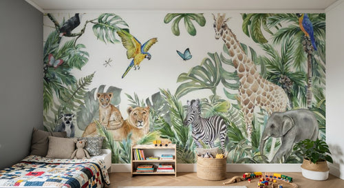 Design B025 — Papier peint Safari aquarelle ara bleu et monstera — Novomur