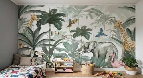 Design B029 — Papier peint Safari aquarelle vert sauge elegant — Novomur
