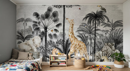 Design B030 — Papier peint Safari gravure noir blanc animaux en couleur — Novomur