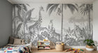 Design B034 — Papier peint Safari gravure monochrome gris palmiers — Novomur