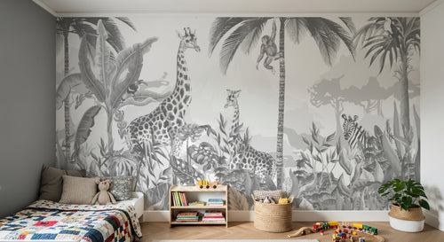 Design B034 — Papier peint Safari gravure monochrome gris palmiers — Novomur