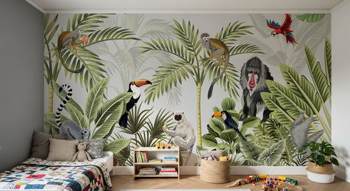 Design B037 — Papier peint Jungle moderne primates et oiseaux exotiques — Novomur