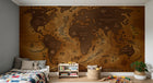 Papier peint Carte du Monde E0133 en situation — Planisphère vintage bois brun gravé — Design E0133