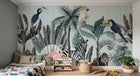 Design SL0029 — Papier peint Jungle moderne animaux exotiques fond bois bleu — Novomur