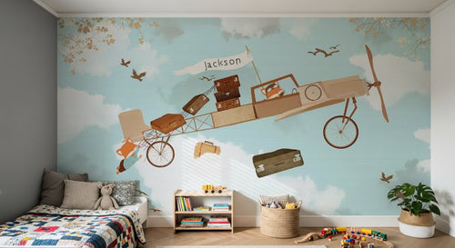 Design SL0200 — Papier peint Avion bois enfant valises Jackson ciel — Novomur