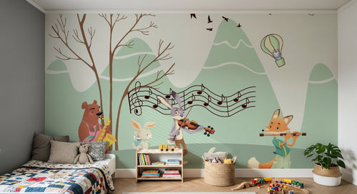 Design SL0205 — Papier peint Animaux musiciens montgolfieres montagne — Novomur