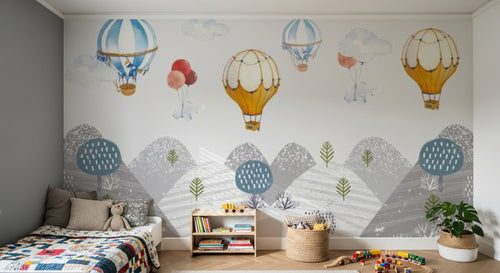 Design SL0258 — Papier peint Montgolfieres ciel montagnes neige enfant — Novomur