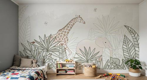 Design SL0273 — Papier peint Girafe elephant rose jungle pastel ligne — Novomur