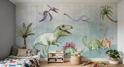 Design SL0352 — Papier peint Dinosaures aquarelle palmiers paysage — Novomur
