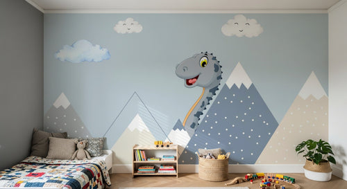 Design SL0445 — Papier peint Dinosaure mignon montagnes nuages cartoon — Novomur