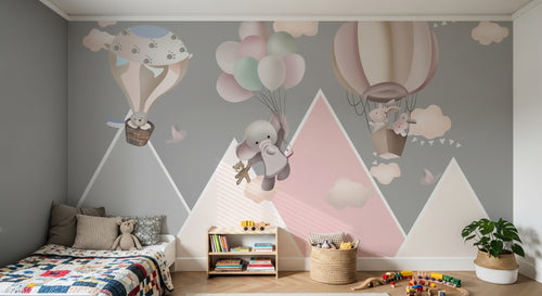 Design SL0519 — Papier peint Lapins elephant montgolfieres montagnes pastel — Novomur