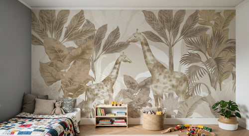 Design SL0524 — Papier peint Girafes palmes sepia beige vintage — Novomur