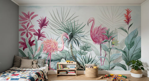 Design SL0677 — Papier peint Flamants roses jungle hibiscus aquarelle — Novomur