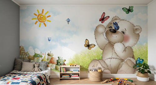 Design SL0692 — Papier peint Ours peluche papillons village soleil enfant — Novomur
