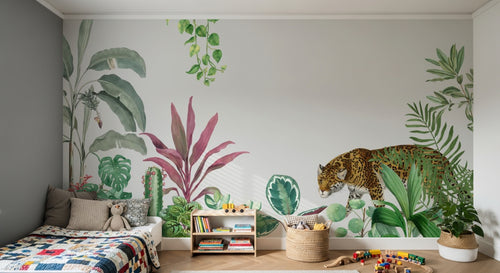 Design SL0778 — Papier peint Leopard jungle plantes diverses aquarelle — Novomur