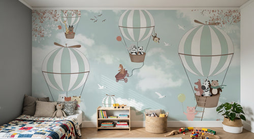Design SL0792 — Papier peint Montgolfieres animaux ciel enfant — Novomur