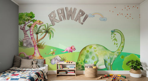 Design SL0795 — Papier peint Dinosaures aquarelle paysage RAWR enfant — Novomur