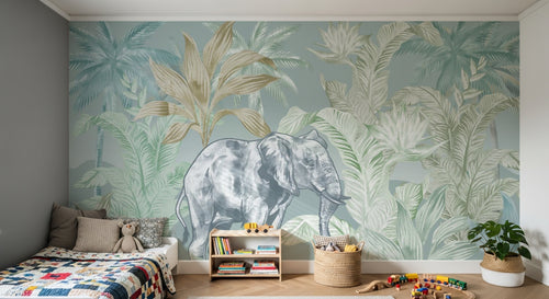 Design SL0824 — Papier peint Elephant jungle vert beige aquarelle vintage — Novomur