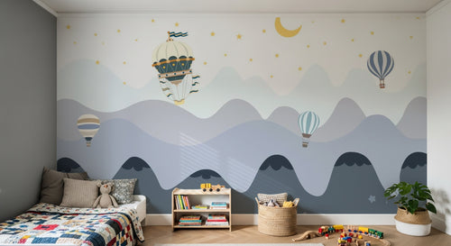 Design SL0849 — Papier peint Vagues bleues montgolfieres lune enfant — Novomur