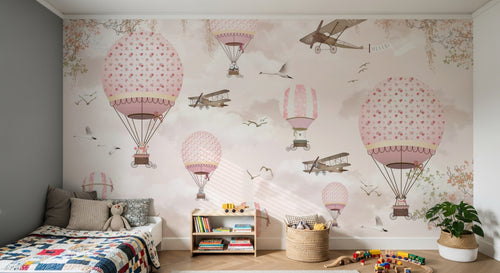 Design ZX0558 — Papier peint Montgolfieres avions roses ciel poudre 2 — Novomur