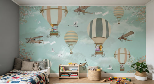 Design ZX0569 — Papier peint Montgolfieres avions animaux ciel turquoise — Novomur
