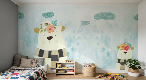 Design ZX0689 — Papier peint Ours peluche couronne fleurs ciel bleu — Novomur