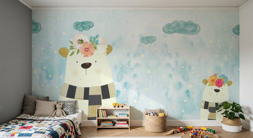 Design ZX0689 — Papier peint Ours peluche couronne fleurs ciel bleu — Novomur