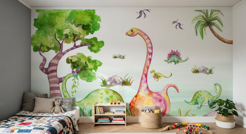 Design ZX0692 — Papier peint Dinosaures aquarelle arbres enfant — Novomur