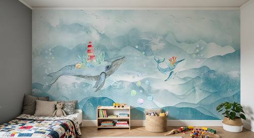 Design ZX0790 — Papier peint Baleines ocean phare aquarelle enfant — Novomur