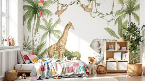 Design B001 — Papier peint Safari aquarelle animaux & palmiers — Novomur