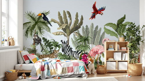 Design B005 — Papier peint Jungle stylisee animaux et flamants roses — Novomur