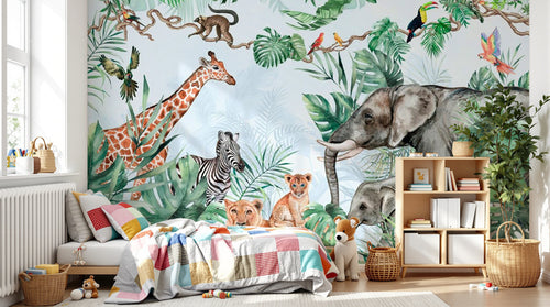 Design B011 — Papier peint Safari jungle vert vif animaux nombreux — Novomur