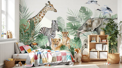 Design B015 — Papier peint Safari aquarelle familles animaux et monstera — Novomur